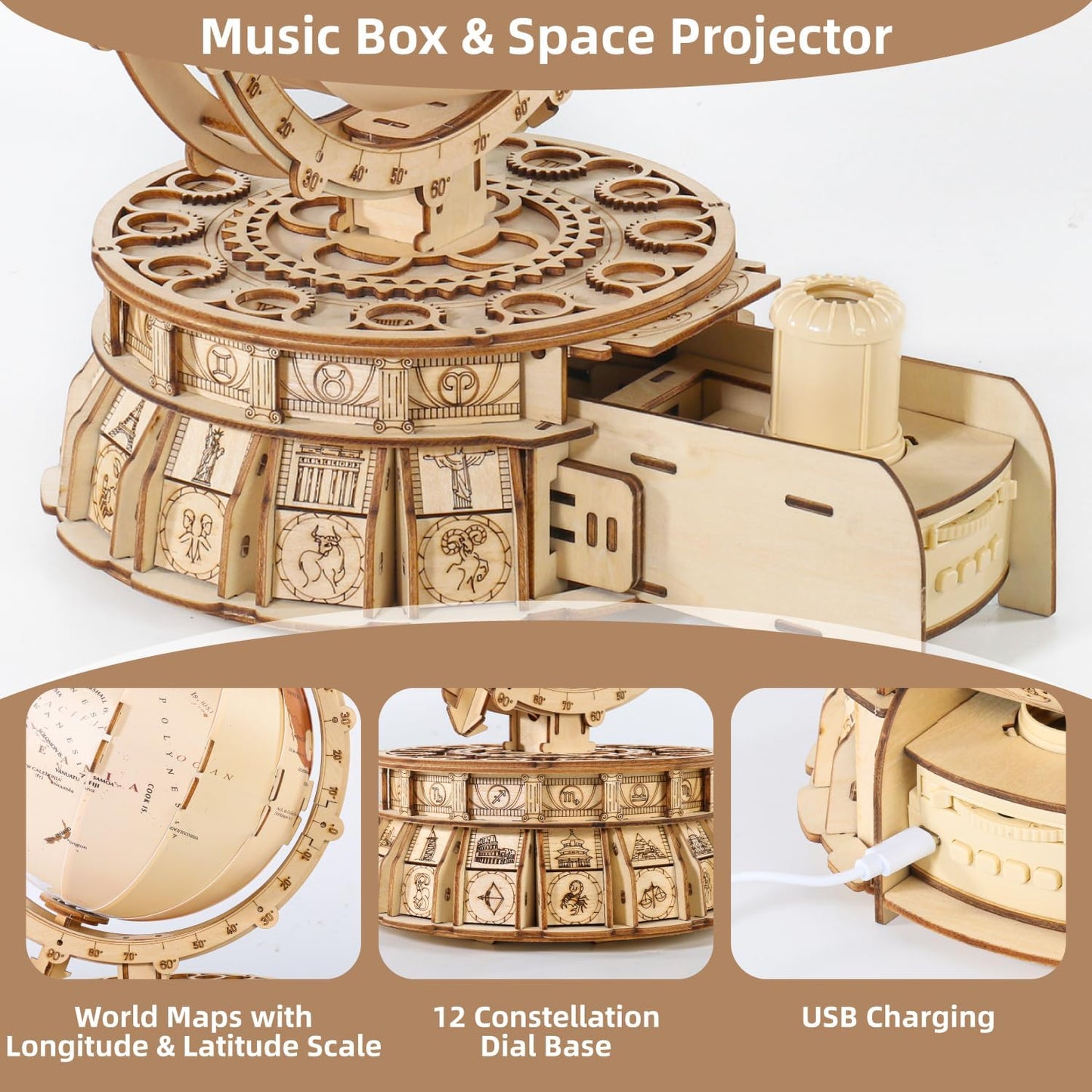 MIEBELY 3D Wooden Puzzles Illuminated Globe Music Box - Toytwist