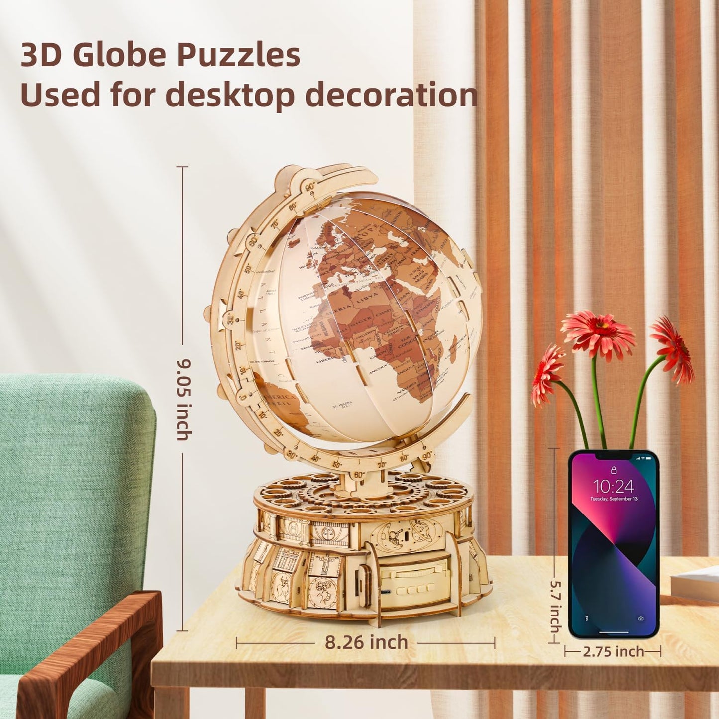 MIEBELY 3D Wooden Puzzles Illuminated Globe Music Box
